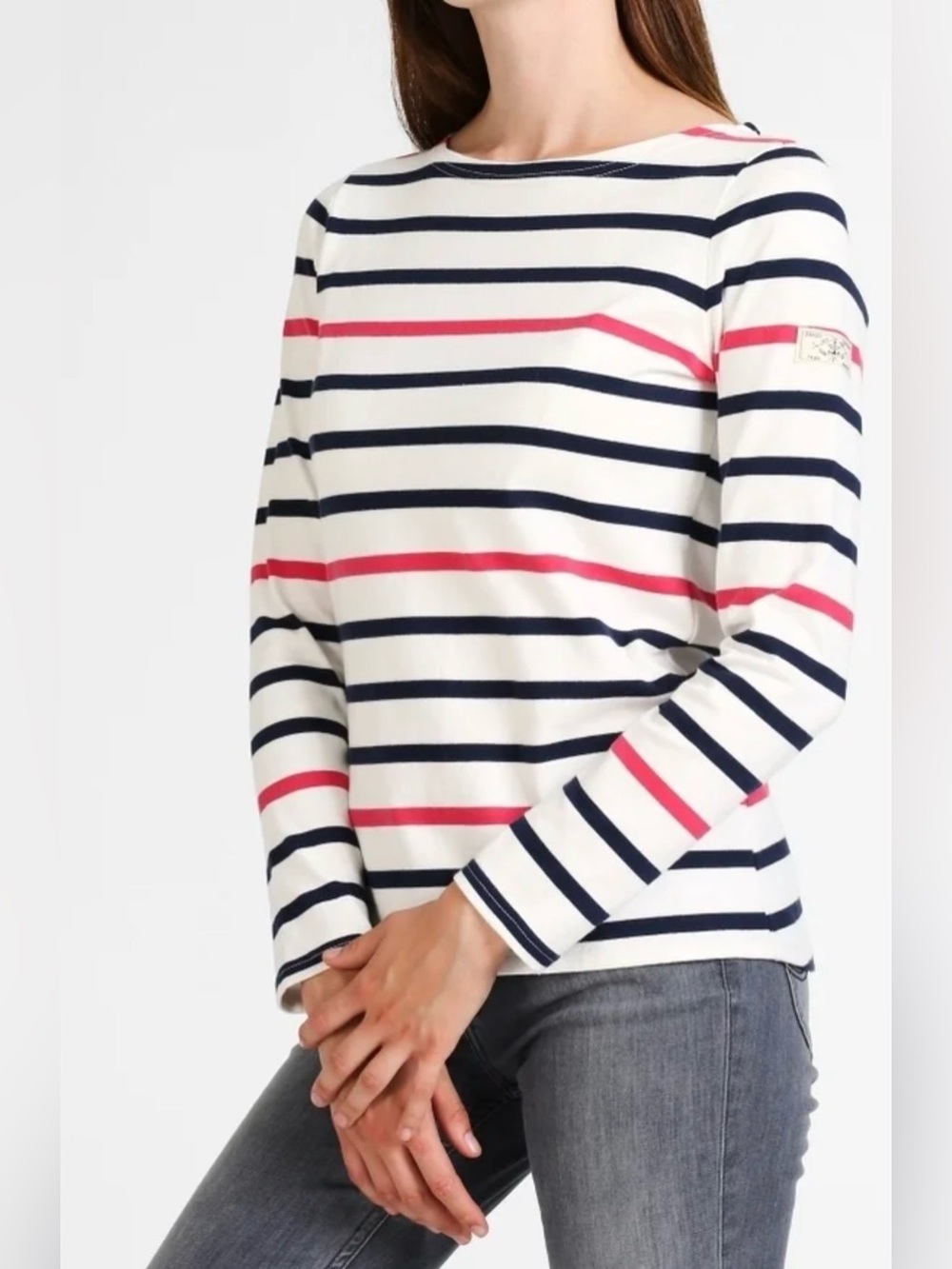 Joules White Crewneck Sweater with Navy & Pink Stripes